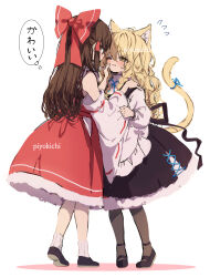 Rule 34 | 2girls, animal ears, artist name, bare shoulders, black footwear, black pantyhose, black skirt, black vest, blonde hair, blush, bow, braid, brown hair, cat ears, cat tail, commentary, detached sleeves, flying sweatdrops, full body, hair between eyes, hair bow, hakurei reimu, highres, japanese clothes, kemonomimi mode, kirisame marisa, long hair, long sleeves, multiple girls, nontraditional miko, one eye closed, open mouth, pantyhose, piyokichi, red bow, revision, ribbon-trimmed sleeves, ribbon trim, shirt, shoes, simple background, single braid, skirt, socks, tail, thought bubble, touhou, vest, white background, white shirt, white sleeves, white socks, wide sleeves, yellow eyes, yuri