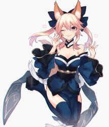 Rule 34 | 1girl, ;), animal ears, bare shoulders, black footwear, blue bow, blue kimono, blue thighhighs, bow, breasts, cleavage, closed mouth, detached sleeves, fate/extra, fate (series), floating, fox ears, fox girl, fox shadow puppet, fox tail, full body, hair bow, heart, japanese clothes, katagiri (mighty swing), kimono, large bow, large breasts, looking at viewer, medium hair, one eye closed, orange eyes, pelvic curtain, pink hair, platform clogs, platform footwear, sandals, sash, sidelocks, simple background, smile, tail, tamamo (fate), tamamo no mae (fate/extra), thighhighs, white background, wide sleeves