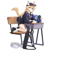 Rule 34 | 1girl, animal ear fluff, animal ears, bag, black shorts, black socks, blonde hair, blue eyes, blue hat, blue shirt, blush, bread, bread slice, breasts, buckle, cat ears, cat tail, chair, desk, ears through headwear, fang, food, food in mouth, full body, girls&#039; frontline, goggles, gun, hat, holster, kisetsu, kneeling, large breasts, long hair, looking at viewer, m500 (daydreaming in class) (girls&#039; frontline), m500 (girls&#039; frontline), mossberg 500, mouth hold, official alternate costume, pump action, school bag, shirt, shoes, shorts, shotgun, smile, snap-fit buckle, sneakers, socks, solo, tail, toast, toast in mouth, transparent background, unworn goggles, unworn shoes, weapon, white footwear