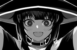 Rule 34 | 1girl, :d, black choker, blush, choker, close-up, collarbone, commentary, excited, eyelashes, greyscale, hat, highres, kono subarashii sekai ni shukufuku wo!, looking at viewer, lyourika, medium hair, megumin, monochrome, open mouth, outstretched arms, portrait, raised eyebrows, ringed eyes, short hair, short hair with long locks, sidelocks, smile, solo, straight-on, teeth, upper teeth only, wide-eyed, witch hat