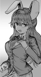 Rule 34 | 1girl, :d, animal ears, blazer, blush, breasts, buttons, collared shirt, cowboy shot, greyscale, hair between eyes, hakonnbo, hand on own chest, jacket, large breasts, long hair, long sleeves, looking at viewer, monochrome, necktie, open mouth, rabbit ears, rabbit girl, reisen udongein inaba, shirt, simple background, skirt, smile, solo, touhou