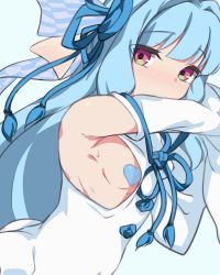 Rule 34 | 1girl, arm up, armpits, bare shoulders, blue hair, blue ribbon, blush, breasts, closed mouth, commentary request, detached sleeves, dress, covered erect nipples, hair ribbon, heart pasties, kotonoha aoi, kuro mushi, long hair, looking at viewer, pasties, purple eyes, ribbon, sidelocks, small breasts, smile, solo, sweat, upper body, very long hair, voiceroid, white dress