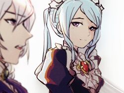 1boy 1girl blue_hair butler fire_emblem fire_emblem_fates flora_(fire_emblem) grey_hair hara_mu_tyo highres jakob_(fire_emblem) looking_at_another maid maid_headdress nintendo ponytail