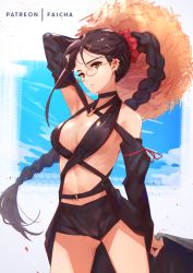 Rule 34 | 1girl, arm up, bare shoulders, black one-piece swimsuit, black shorts, blue sky, blush, braid, breasts, brown hair, choker, closed mouth, detached sleeves, ear piercing, earrings, faicha, fate/grand order, fate (series), glasses, hair between eyes, hair ornament, hair scrunchie, hairclip, hat, jewelry, long hair, looking at viewer, medium breasts, multiple earrings, navel, o-ring, one-piece swimsuit, piercing, revealing clothes, scrunchie, shorts, sky, solo, straw hat, sun hat, swimsuit, thighs, very long hair, yu mei-ren (fate), yu mei-ren (festival outfit) (fate)