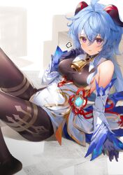 Rule 34 | 1girl, ahoge, bare shoulders, bell, black pantyhose, blue hair, blush, breasts, chinese knot, chiro (norishiro michiro), detached sleeves, flower knot, ganyu (genshin impact), genshin impact, gold trim, hand on own chest, highres, horns, long hair, looking at viewer, lying, medium breasts, neck bell, on back, open mouth, pantyhose, paper, purple eyes, sidelocks, sign, solo, tassel, thighlet, thighs, vision (genshin impact), waist cape, white sleeves