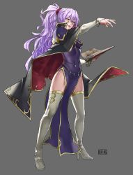Rule 34 | 1girl, absurdres, bangle, belly chain, black cape, book, boots, bracelet, breasts, bridal gauntlets, cape, choker, cleavage, collar, daniel deng, dress, earrings, elbow gloves, fire emblem, fire emblem: genealogy of the holy war, fire emblem: thracia 776, fire emblem heroes, gem, gloves, grey background, high heel boots, high heels, highres, holding, holding book, ishtar (fire emblem), jewelry, large breasts, light purple hair, lips, nintendo, open mouth, parody, ponytail, purple dress, purple eyes, serious, shoulder pads, side ponytail, side slit, sidelocks, solo, thigh boots, thighhighs, thighs, white footwear, white gloves