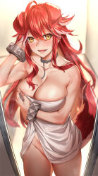 Rule 34 | 1girl, :d, animal ears, blush, breasts, cleavage, commission, deras, fenrir (last origin), groin, heart, heart-shaped pupils, highres, last origin, long hair, looking at viewer, naked towel, open mouth, pixiv commission, red hair, smile, solo, symbol-shaped pupils, tail, teeth, towel, yellow eyes