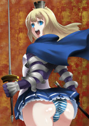 Rule 34 | 1boy, ass, blonde hair, blue eyes, bulge, cape, crossdressing, crown, gauntlets, ippo, long hair, looking back, lord of trash, male focus, open mouth, panties, skirt, smile, solo, striped clothes, striped panties, sword, trap, underwear, weapon
