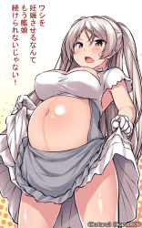 Rule 34 | 1girl, blush, breasts, brown eyes, clothes lift, conte di cavour (kancolle), conte di cavour nuovo (kancolle), cowboy shot, dress, dress lift, gloves, grey dress, highres, kantai collection, large breasts, layered dress, lifting own clothes, long hair, mizunoe kotaru, navel, open mouth, short sleeves, solo, translation request, twitter username, two side up, white dress, white gloves, white hair