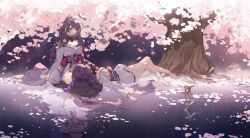 Rule 34 | 2girls, bare legs, blunt bangs, braid, cherry blossoms, closed mouth, falling petals, genshin impact, hair ornament, hand on own stomach, highres, japanese clothes, lap pillow, long hair, looking down, lying, makoto (genshin impact), multiple girls, night, night sky, non-web source, on back, on ground, petals, purple eyes, purple hair, raiden shogun, reflection, seiza, siblings, single braid, sisters, sitting, sky, socks, source request, star (sky), sumery, tree, tree shade, white socks