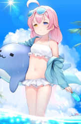 Rule 34 | 1girl, absurdres, ahoge, bare shoulders, bikini, bikini skirt, blue archive, blue eyes, blue jacket, blue sky, blush, breasts, cloud, collarbone, day, eyewear on head, food, frilled bikini, frills, hair between eyes, heterochromia, highres, holding, holding swim ring, hoshino (blue archive), hoshino (swimsuit) (blue archive), inflatable toy, inflatable whale, innertube, jacket, long hair, long sleeves, looking at viewer, low twintails, navel, ocean, octopus, off shoulder, open clothes, open jacket, outdoors, palm tree, parted lips, pink hair, popsicle, sky, small breasts, solo, somray, sunglasses, swim ring, swimsuit, tree, twintails, wading, water, white bikini, yellow eyes