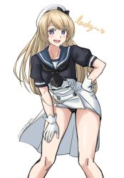 Rule 34 | 1girl, absurdres, black panties, blonde hair, blue eyes, blue sailor collar, clothes lift, dated, dress, dress lift, feet out of frame, gloves, gluteal fold, hand on own hip, hand on own thigh, hat, highres, jervis (kancolle), kantai collection, leaning forward, looking at viewer, panties, sailor collar, sailor dress, sailor hat, short sleeves, simple background, solo, sozan, standing, twitter username, underwear, white background, white dress, white gloves, white hat