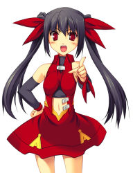 Rule 34 | 1girl, :o, black hair, breasts, detached sleeves, hand on own hip, long hair, midriff, navel, open mouth, pointing, red eyes, solo, twintails