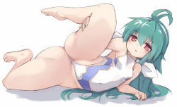 Rule 34 | 1girl, antenna hair, aqua hair, bare shoulders, barefoot, blush, breasts, cameltoe, collarbone, covered collarbone, covered navel, female focus, full body, hair between eyes, hair ribbon, half-closed eyes, karukan (monjya), leg lift, leotard, long hair, looking at viewer, lying, on side, open mouth, red eyes, ribbon, shinrabanshou, shizuku (shinrabanshou), simple background, small breasts, solo, spread legs, white leotard, white ribbon