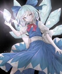 Rule 34 | 1girl, black background, blue dress, blue eyes, blue hair, bow, bowtie, cirno, commentary request, detached wings, dress, highres, ice, ice wings, looking at viewer, red bow, red bowtie, short hair, short sleeves, simple background, smile, solo, touhou, tqg 07, wings