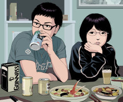 Rule 34 | 1boy, 1girl, alcohol, asian, beer, beer can, black hair, can, cup, drink can, drinking, drinking glass, face, food, glasses, guinness (beer), head rest, indoors, jacket, looking at viewer, looking away, md5 mismatch, original, realistic, sakkan, shirt, short hair, t-shirt, table, track jacket
