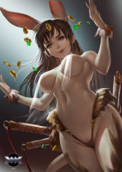 Rule 34 | 1girl, absurdres, animal ears, arms at sides, artist name, bikini, black hair, breasts, coin, commentary request, cowboy shot, demon girl, dutch angle, feather trim, from below, gem, graphite (medium), grey eyes, highleg, highleg bikini, highres, jingai musume, kww868, long hair, looking at viewer, looking down, medium breasts, monster girl, navel, pointy ears, pussy, pussy peek, rabbit ears, realistic, solo, swimsuit, sword, tassel, traditional media, underboob, w arms, weapon, wrist cuffs