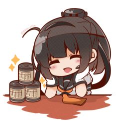 Rule 34 | 10s, 1girl, ahoge, akizuki (kancolle), black hair, bloom2425, can, chibi, commentary request, closed eyes, gloves, hachimaki, hair ornament, hairband, hands on own cheeks, hands on own face, headband, kantai collection, long hair, neckerchief, open mouth, ponytail, school uniform, serafuku, smile, solo, sparkle, twitter username