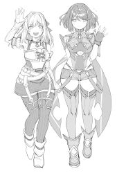 Rule 34 | 2girls, blush, breasts, chest jewel, cleavage, earrings, fiora (xenoblade), gloves, greyscale, headpiece, highres, jewelry, kinagi (3307377), large breasts, looking at viewer, monochrome, multiple girls, navel, open mouth, pyra (xenoblade), short hair, shorts, simple background, smile, swept bangs, thighhighs, tiara, xenoblade chronicles (series), xenoblade chronicles 1, xenoblade chronicles 2