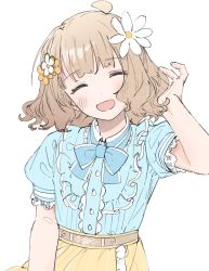 Rule 34 | :d, ^ ^, absurdres, blonde hair, blouse, closed eyes, flower, flower hair ornament, frilled shirt, frills, hair flower, hair ornament, hand in own hair, highres, idolmaster, idolmaster million live!, idolmaster million live! theater days, meeeeeeco359, neck ribbon, open mouth, private dress (idolmaster million live!), ribbon, shirt, simple background, smile, suou momoko, upper body, white background