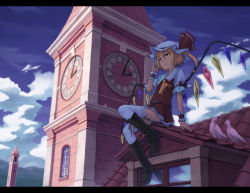 Rule 34 | 1girl, anime coloring, ascot, bird, blonde hair, blue sky, boots, brown footwear, clock, clock tower, cloud, cross-laced footwear, day, flandre scarlet, garter straps, hat, unworn hat, hat ribbon, unworn headwear, knee boots, kurione (zassou), lace-up boots, letterboxed, mob cap, pigeon, puffy short sleeves, puffy sleeves, red eyes, ribbon, rooftop, scarlet devil mansion, shirt, short sleeves, side ponytail, sitting, skirt, skirt set, sky, solo, thighhighs, tile roof, touhou, tower, vest, white thighhighs, wings, wrist cuffs, zettai ryouiki