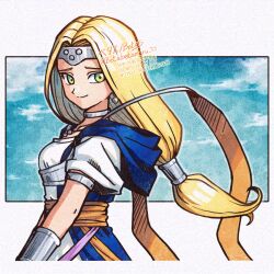 1girl adversarial_noise armlet armor artist_name betabetamaru blonde_hair blue_robe border bracer breasts choker circlet commentary_request dragon_quest dragon_quest_vi earrings floating_hair green_eyes hair_tubes highres jewelry long_hair looking_at_viewer looking_to_the_side low-tied_long_hair mireyu necklace parted_hair robe short_sleeves silver_armlet silver_choker silver_circlet small_breasts smile solo sphere_earrings twitter_username white_border white_robe