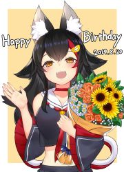 Rule 34 | 1girl, absurdres, animal ear fluff, animal ears, bare shoulders, birthday, black hair, blush, bouquet, breasts, dated, detached sleeves, fangs, flower, hair ornament, hairclip, highres, holding, holding bouquet, hololive, long hair, looking at viewer, medium breasts, midriff, ookami mio, ookami mio (1st costume), open mouth, red neckwear, sailor collar, solo, sunflower, teeth, upper teeth only, virtual youtuber, wide sleeves, wolf ears, wolf girl, yamabuki7979, yellow eyes