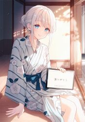 Rule 34 | 1girl, blue eyes, character request, commentary request, copyright request, hair bun, highres, japanese clothes, kimono, looking at viewer, sash, short hair with long locks, single hair bun, sitting, smile, solo, swept bangs, tablet pc, tadano yukiko, white hair, wide sleeves, yukata