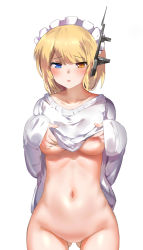 Rule 34 | 1girl, absurdres, blonde hair, blue eyes, blush, breasts, clothes lift, cowboy shot, gluteal fold, headgear, heterochromia, highres, lifting own clothes, maid headdress, naked sweater, navel, no pussy, open mouth, renown (warship girls r), short hair, solo, sweater, sweater lift, warship girls r, yellow eyes, ze (wzfnn001)