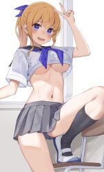 Rule 34 | 1girl, absurdres, black sailor collar, black socks, blonde hair, blue bow, blue eyes, blue neckerchief, blush, bow, breasts, cropped shirt, embarrassed, feet on chair, grey skirt, hair between eyes, hair bow, hand up, highres, indoors, kopaka (karda nui), large breasts, leg up, looking at viewer, medium breasts, microskirt, midriff, navel, neckerchief, nervous smile, open mouth, original, pleated skirt, ponytail, sailor collar, shirt, shoes, short sleeves, sidelocks, skirt, smile, socks, solo, stomach, tearing up, thighs, underboob, uwabaki, v, wavy mouth, white footwear, white shirt, window