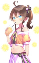 Rule 34 | 1girl, absurdres, ahoge, blue eyes, blush, brown hair, cropped jacket, cup, disposable cup, drinking straw, erunoto, highres, holding, holding cup, hololive, jacket, long hair, looking at viewer, natsuiro matsuri, natsuiro matsuri (1st costume), navel, one side up, skirt, solo, virtual youtuber, white skirt, yellow jacket