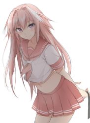Rule 34 | 1boy, alternate hairstyle, arms behind back, astolfo (fate), astolfo (sailor paladin) (fate), bad id, bad pixiv id, blouse, commentary request, fate/grand order, fate (series), hair down, hair tie, long hair, male focus, midriff, mobu, multicolored hair, navel, neckerchief, official alternate costume, pink hair, pink neckerchief, pink skirt, school uniform, serafuku, shirt, skirt, solo, streaked hair, thighhighs, trap, very long hair, white background, white shirt