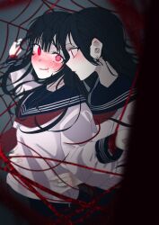 Rule 34 | absurdres, arisugawa bii, black hair, blue sailor collar, blurry, blush, commentary request, depth of field, earrings, film grain, floating hair, hands on another&#039;s waist, heart, heart-shaped pupils, highres, jewelry, long hair, long sleeves, mismatched pupils, neckerchief, no pupils, nose blush, original, parted lips, puffy sleeves, red eyes, red neckerchief, restrained, sailor collar, school uniform, serafuku, shirt, sidelocks, silk, smile, spider web, spider web in eye, symbol-shaped pupils, white serafuku, white shirt, wide-eyed, yuri