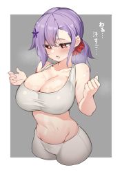 Rule 34 | 1girl, bare arms, blush, breasts, cleavage, collarbone, cropped legs, grey background, hair between eyes, hair ornament, hair scrunchie, highres, large breasts, long hair, lower teeth only, navel, open mouth, original, purple hair, red eyes, scrunchie, solo, sports bra, sweat, teeth, two-tone background, warashi, white background, white sports bra
