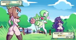 Rule 34 | 1boy, 3girls, ass, blue eyes, blue sky, breasts, breasts out, brown hair, cleavage, cleft of venus, creatures (company), game freak, gardevoir, gen 3 pokemon, green eyes, hex maniac (pokemon), highres, huge ass, huge breasts, large areolae, large breasts, long hair, may (pokemon), multiple girls, navel, nintendo, nipples, nude, outdoors, pokemon, pokemon (creature), pokemon rse, pokemon xy, puffy nipples, roselia (pokemon), screwroot, sex, short hair, sky, smile, standing, uncensored, wristband
