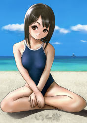 Rule 34 | 1girl, bad id, bad pixiv id, beach, black hair, brown eyes, day, indian style, mougira, one-piece swimsuit, original, school swimsuit, short hair, sitting, solo, swimsuit, ultra series, ultraman, ultraman (1st series), when you see it