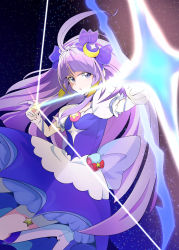 Rule 34 | 1girl, birthday, boots, bow (weapon), breasts, cure selene, dress, energy arrow, hair ornament, hair ribbon, happy birthday, highres, holding, holding bow (weapon), holding weapon, kaguya madoka, magical girl, mochi curry, pouch, precure, puffy sleeves, purple dress, purple eyes, purple hair, purple ribbon, ribbon, sky, small breasts, solo, star (sky), star (symbol), star color pen, star color pendant, star twinkle precure, starry background, starry sky, weapon, white footwear