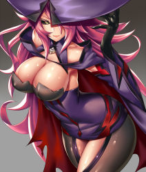 Rule 34 | 1girl, arc system works, artist request, bare shoulders, black sclera, blazblue, blazblue: central fiction, breasts, cape, cleavage, colored sclera, detached collar, detached sleeves, dress, gloves, gradient background, hair over one eye, hat, highres, konoe a. mercury, large breasts, long hair, looking at viewer, pantyhose, phantom (blazblue), pink hair, purple hat, shiny skin, short dress, smile, solo, thighhighs, thighs, very long hair, witch, witch hat, yellow eyes