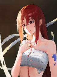 Rule 34 | 1girl, absurdres, arm tattoo, bare arms, brown background, brown eyes, closed mouth, collarbone, commentary, english commentary, erza scarlet, fairy tail, hand up, highres, light smile, long hair, mac star, red hair, red ribbon, ribbon, sarashi, solo, tattoo, upper body