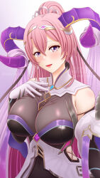 Rule 34 | 1girl, amezuku, bare shoulders, blush, breasts, curled horns, fire emblem, fire emblem heroes, gloves, goat horns, highres, horns, huge breasts, large breasts, long hair, looking at viewer, nerthuz (fire emblem), nintendo, pink hair, ponytail, purple eyes, solo, twitter username, upper body, very long hair, white gloves