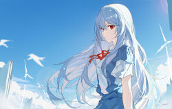 Rule 34 | 1girl, ayanami rei, blue background, blue hair, blue skirt, blue sky, closed mouth, cloud, cloudy sky, evangelion: 3.0+1.0 thrice upon a time, expressionless, highres, long hair, looking at viewer, neon genesis evangelion, outdoors, rebuild of evangelion, red eyes, red ribbon, ribbon, school uniform, shirt, short sleeves, skirt, sky, solo, upper body, white shirt, yajuu