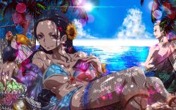 Rule 34 | 1boy, 1girl, animal, back, bikini, bird, black hair, blue eyes, blue sky, book, breasts, closed mouth, cloud, dappled sunlight, day, earrings, facing away, fishnet thighhighs, fishnets, flower, food, fruit, grapes, green hair, hair flower, hair ornament, hair slicked back, hammock, highres, horizon, jewelry, large breasts, long hair, looking at viewer, lying, nico robin, ocean, on back, one piece, outdoors, palm tree, roronoa zoro, sarong, scar, scar across eye, short hair, sky, smile, solo focus, stomach, sun, sunlight, swimsuit, thighhighs, topless male, tree, underboob, water, yama curacao