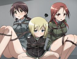 Rule 34 | ass, bdsm, blonde hair, blush, bondage, bound, breasts, brown eyes, brown hair, closed mouth, erica hartmann, gertrud barkhorn, gn 002, grey background, hair ribbon, large breasts, long hair, looking at viewer, military uniform, minna-dietlinde wilcke, open mouth, panties, red eyes, red hair, restrained, ribbon, shibari, short hair, simple background, small breasts, strike witches, sweat, tied up (nonsexual), twintails, underwear, uniform, white panties, world witches series