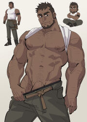 Rule 34 | 1boy, absurdres, arm hair, bara, bare pectorals, beard, brown hair, clothes lift, clothes pull, crossed arms, dark-skinned male, dark skin, deformed, facial hair, feet out of frame, gage (gage0116), highres, large pectorals, long sideburns, looking at viewer, male focus, mature male, multiple views, muscular, muscular male, mustache stubble, original, pants, pants pull, pectorals, penis, penis peek, potter (gage), pubic hair, receding hairline, seductive smile, shirt behind neck, shirt lift, short hair, sideburns, smile, sparse chest hair, sparse pubic hair, standing, strongman waist, stubble, thick eyebrows, undercut