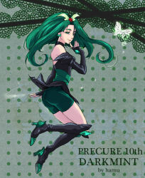 Rule 34 | 00s, 1girl, absurdres, artist name, ass, bad id, bad pixiv id, bike shorts, bike shorts under skirt, black footwear, black gloves, boots, bug, butterfly, character name, choker, copyright name, dark cure (yes! precure 5), dark mint, earrings, elbow gloves, fingerless gloves, gloves, green eyes, green hair, hamu (bcb75332), highres, insect, jewelry, knee boots, long hair, magical girl, matching hair/eyes, precure, shorts, shorts under skirt, smile, solo, yes! precure 5