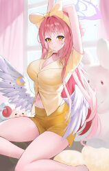Rule 34 | 1girl, absurdres, angel wings, blue archive, blush, breasts, cleavage, closed mouth, crescent, crescent pin, feathered wings, halo, hee (user ykux4248), highres, large breasts, long hair, looking at viewer, mika (blue archive), pajamas, pink hair, pink halo, solo, white wings, wings, yellow eyes, yellow pajamas