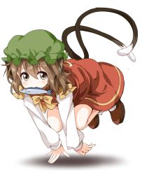 Rule 34 | 1girl, all fours, animal ears, brown hair, cat ears, cat tail, chen, earrings, fish, fish in mouth, food in mouth, hair between eyes, hat, jewelry, long sleeves, mob cap, multiple tails, nekomata, ruu (tksymkw), short hair, simple background, single earring, solo, tail, touhou, two tails, white background