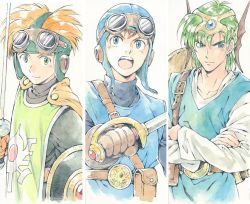 Rule 34 | 3boys, agahari, blonde hair, blue eyes, brown hair, cape, circlet, closed mouth, dragon quest, dragon quest ii, dragon quest iv, earrings, gloves, goggles, goggles on head, goggles on headwear, green hair, hero (dq4), jewelry, multiple boys, open mouth, prince of lorasia, prince of samantoria, simple background, spiked hair, sword, weapon, white background