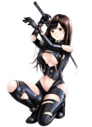 Rule 34 | 1girl, arms up, black bodysuit, blood, bloody weapon, bodysuit, broken, broken sword, broken weapon, brown eyes, brown hair, dripping, frown, gantz, gantz suit, holding, holding sword, holding weapon, katana, knee up, liquid, long hair, navel, on one knee, over shoulder, parted bangs, shimohira reika, shiny clothes, shoes, simple background, solo, sword, sword over shoulder, takapin, torn bodysuit, torn clothes, weapon, weapon over shoulder, white background