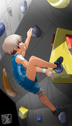 Rule 34 | 1boy, bare legs, blue shirt, blue shorts, clenched teeth, climbing wall, commentary request, from side, highres, kaminosaki, male focus, multicolored hair, original, red eyes, shirt, shoes, short hair, shorts, sneakers, solo, teeth